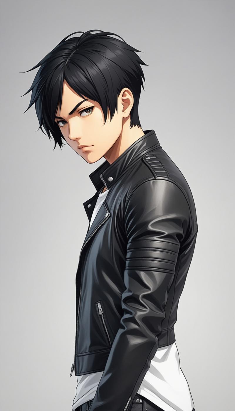 1boy, black hair, white background, short cut hair, leather jacket, tshirt, upper body, detailed sha XL 0.jpg